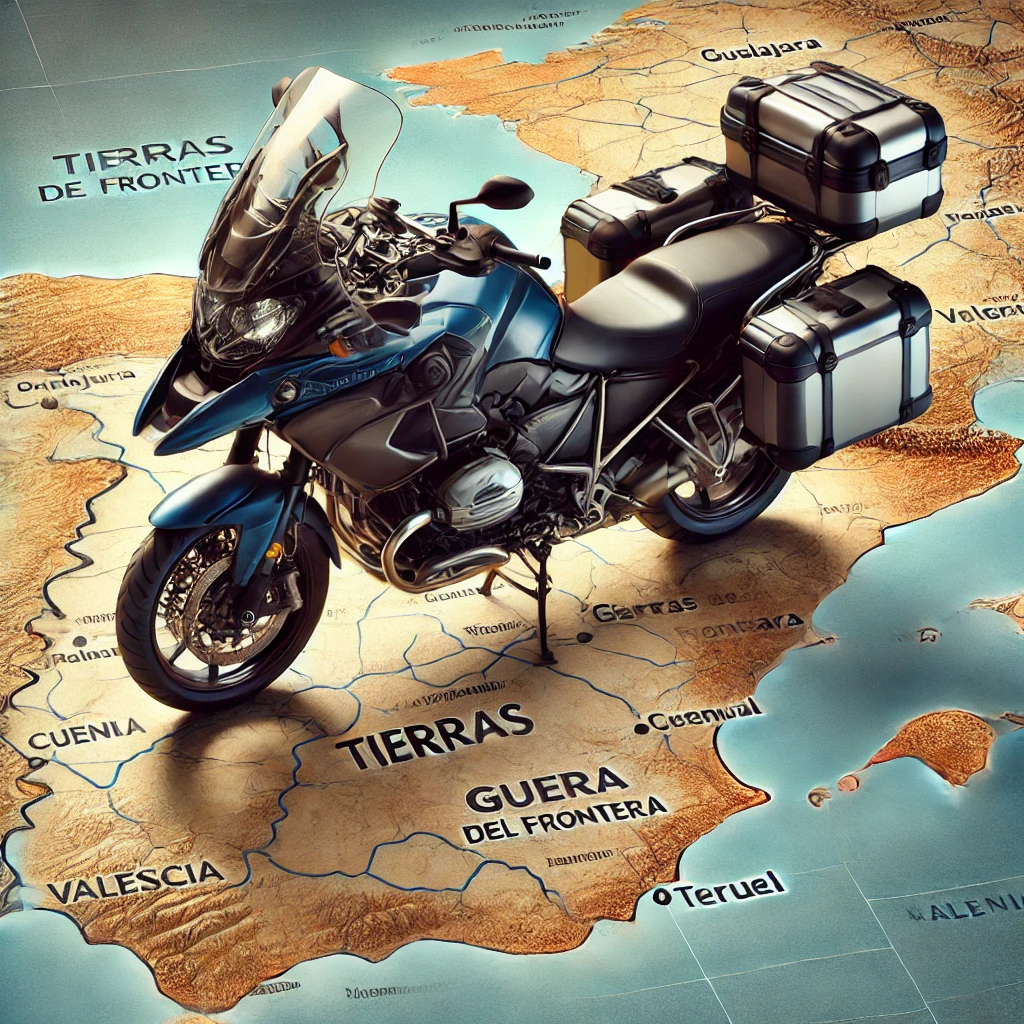 DALL·E-2025-03-20-12.41.18-A-touring-motorcycle-positioned-over-a-detailed-map-of-the-Tierras-de-Frontera-route-of-the-Ruta-del-Cid-which-includes-locations-like-Guadalajar Ruta Camino del CID en dos ruedas y con los cinco sentidos