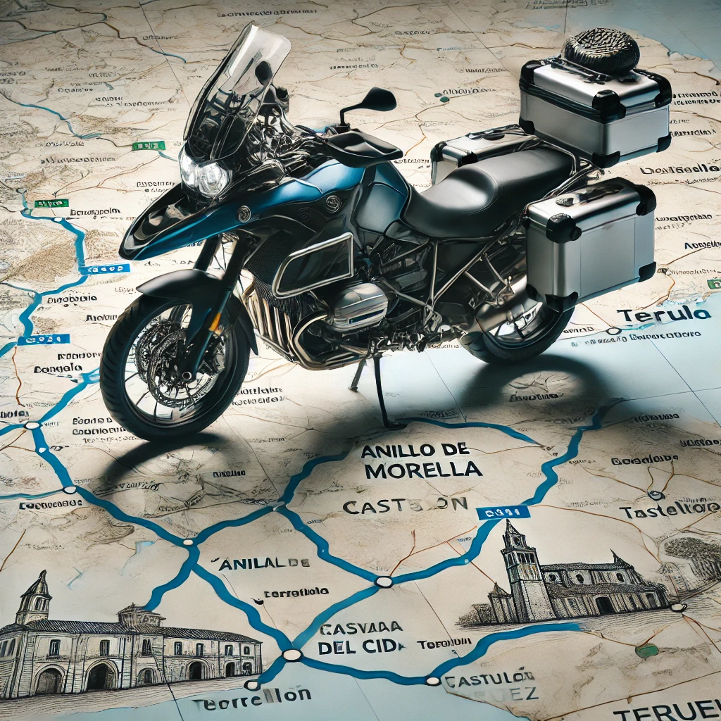 DALL·E-2025-03-20-12.50.28-A-touring-motorcycle-positioned-over-a-detailed-map-of-the-Anillo-de-Morella-route-of-the-Ruta-del-Cid-which-includes-locations-like-Morella-Cas Ruta Camino del CID en dos ruedas y con los cinco sentidos