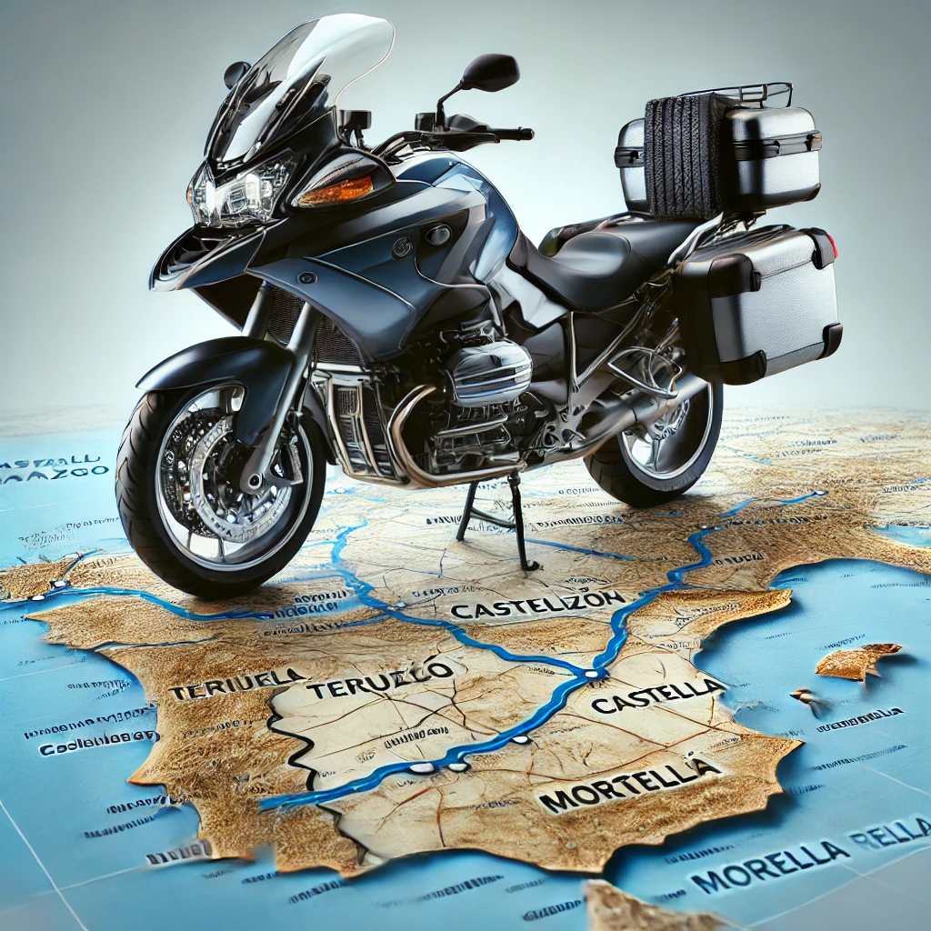 DALL·E-2025-03-20-12.53.16-A-touring-motorcycle-positioned-horizontally-over-a-detailed-map-of-the-Anillo-del-Maestrazgo-route-of-the-Ruta-del-Cid-which-includes-locations- Ruta Camino del CID en dos ruedas y con los cinco sentidos