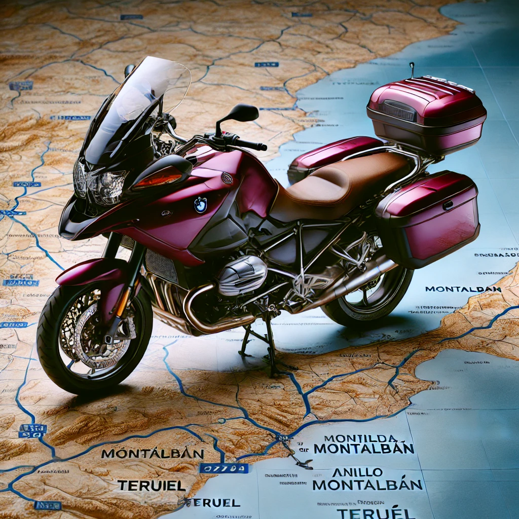 DALL·E-2025-03-20-13.22.49-A-burgundy-touring-motorcycle-positioned-over-a-detailed-map-of-the-Anillo-de-Montalban-route-of-the-Ruta-del-Cid-which-includes-locations-like-M Ruta Camino del CID en dos ruedas y con los cinco sentidos